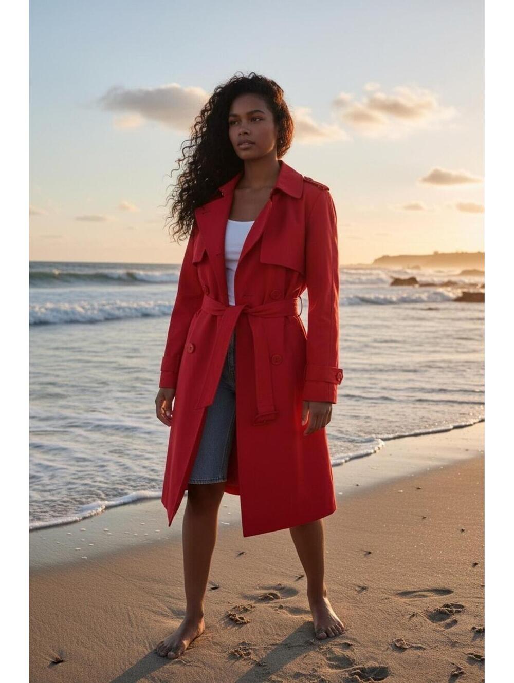 UTEX Design Women's Red Trench Coat Belted Double Breasted Jacket Medium